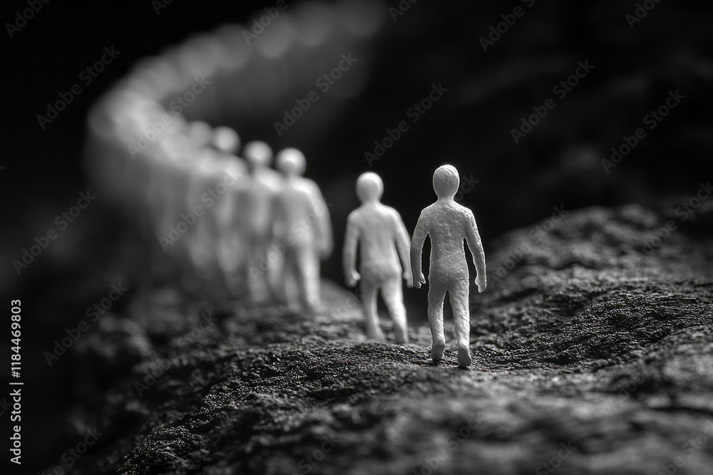 Aufkleber Monochromatic line art figures receding into the distance, except for a luminous one in front, symbolizing self-expression,