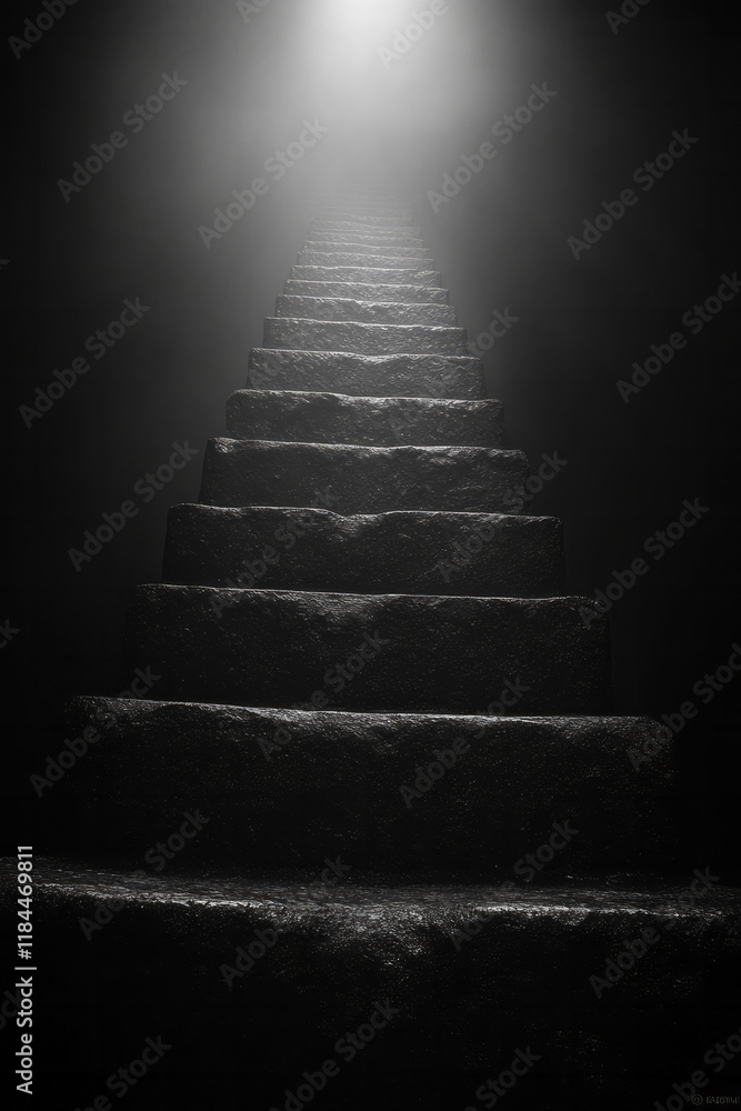 Poster straight row of grayscale forms, each identical, except for one multi-hued silhouette stepping up a 