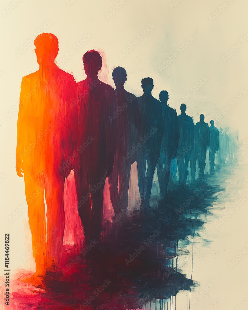 Poster a standstill parade of uniform silhouettes on a pale canvas, interrupted by a single figure in a viv