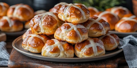 Stacked Easter hot cross buns arranged on a flat plate, showcasing the deliciously sweet and spiced treats perfect for celebrating Easter. These Easter hot cross buns are a delightful addition to any