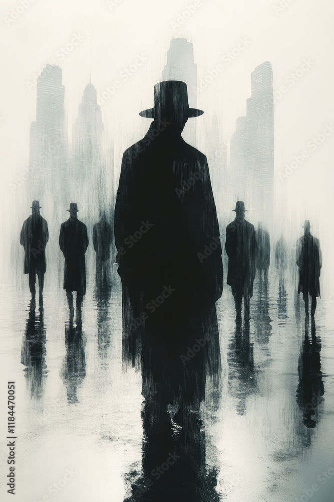 Aufkleber Uniform silhouettes flattening into a two-dimensional row, contrasted by a three-dimensional glow of the lone standout figure,