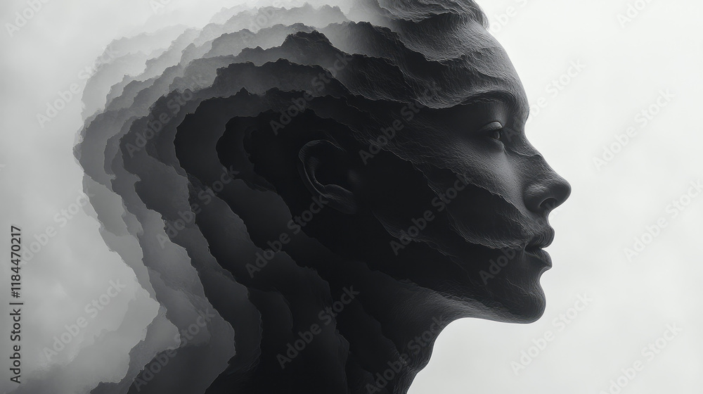 Poster overlapping grayscale silhouettes stacked in a row, from behind which a radiant, saturated form emer