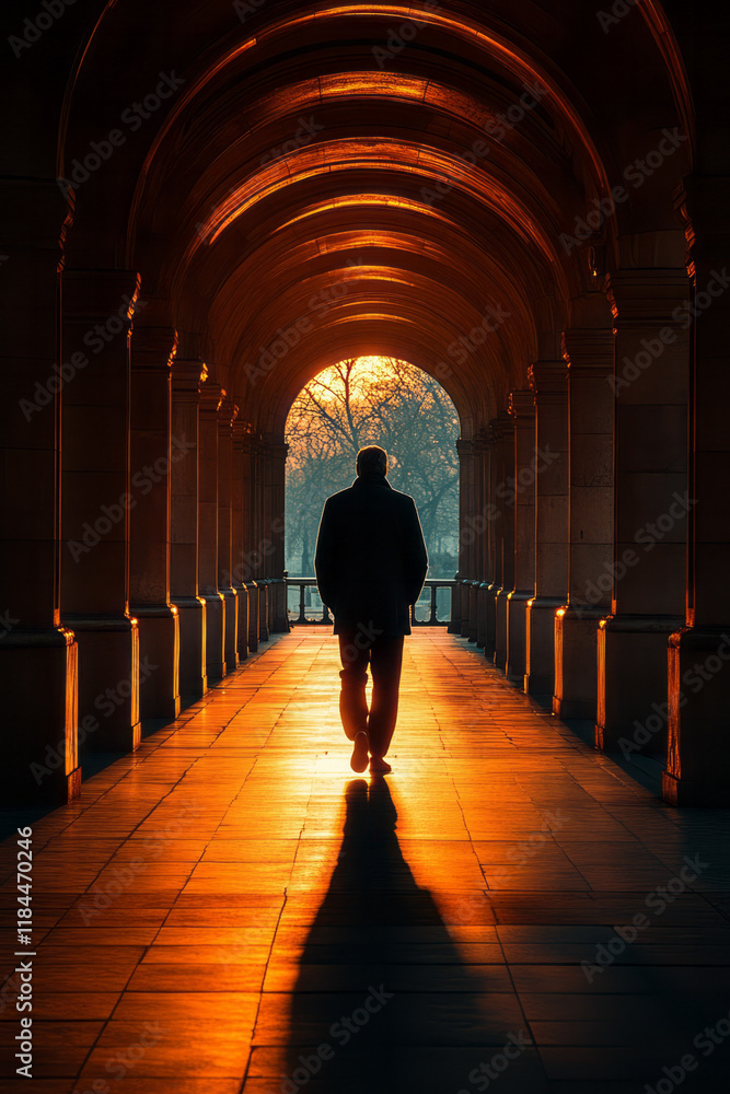 Aufkleber a perspective row of silhouettes receding into a vanishing point, except for a lone color figure wal