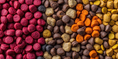 Dog food background featuring a close up view of dog food, highlighting the textures and colors of pet food. This vibrant dog food background is perfect for showcasing pet food products.