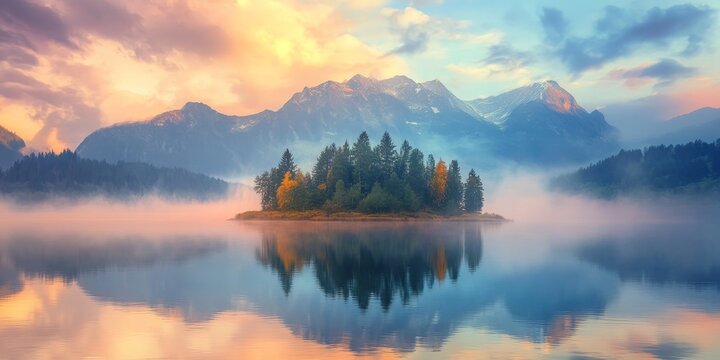 Small island in a serene lake at sunrise with majestic mountains in the background, enveloped in soft mist, creating a tranquil atmosphere for nature lovers and photographers alike. - Powered by Adobe