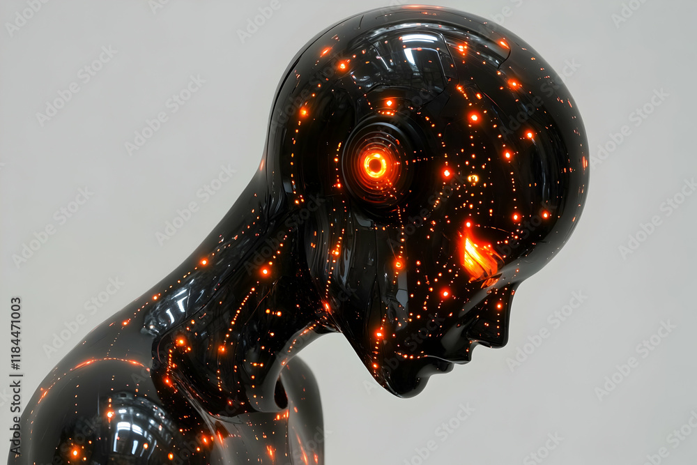 Poster glowing humanoid robot head with intricate network of lights, futuristic artificial intelligence con