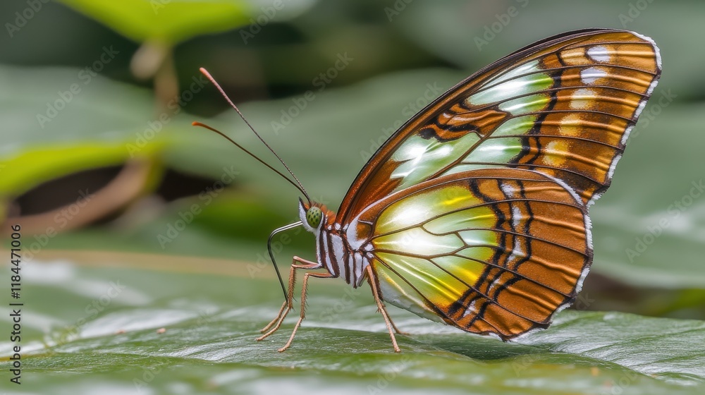 Poster luminous butterfly with intricate patterns appearing against green leaves in a natural habitat setti