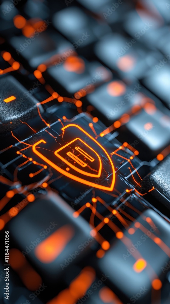 Poster dynamic cybersecurity keyboard display modern workspace digital art high-tech environment close-up v