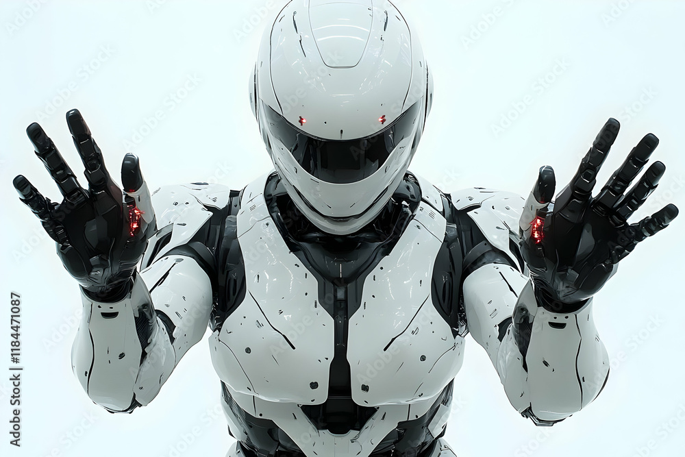 Poster futuristic white robot with red accents gesturing in a digital environment