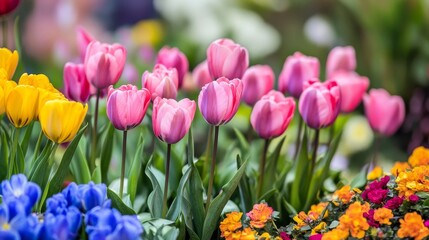 Vibrant spring flowers bloom in the garden, showcasing a beautiful array of colors and patterns. These spring flowers enhance the garden s charm and invite admiration from all who see them.