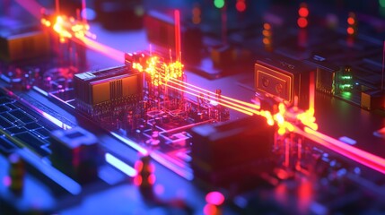 Visualization of a quantum photonic computing system, with photons navigating quantum circuits to process and transmit data at light speed