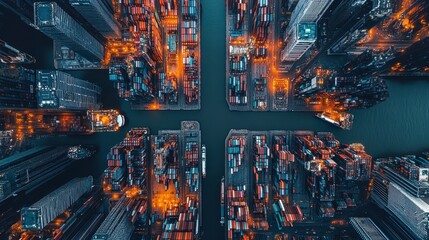 Aerial View of Urban Harbor with Shipping Containers and Skyscrapers at Night