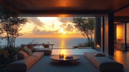 Fototapeta premium Sunset view from modern luxury home's open living space.