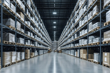 Vast warehouse interior with towering shelves packed with goods, showcasing efficient logistics and storage solutions.