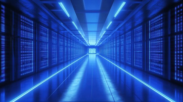 Futuristic Blue Holographic Space with Flowing Code