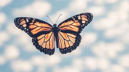 Fototapeta premium Fiery Butterfly with Wings Resembling Flames Soaring Against a Soft Cloudy Sky Background