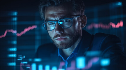 Data Driven: A close-up portrait of a focused businessman analyzing data displayed on a screen in a dimly lit office. The image evokes a sense of intensity and determination.