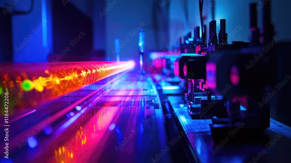 Poster visualization of a quantum photonic computing system, with photons moving through transparent optica