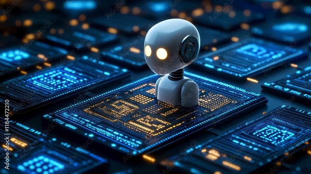Poster futuristic robot on illuminated circuit board ai technology concept digital innovation