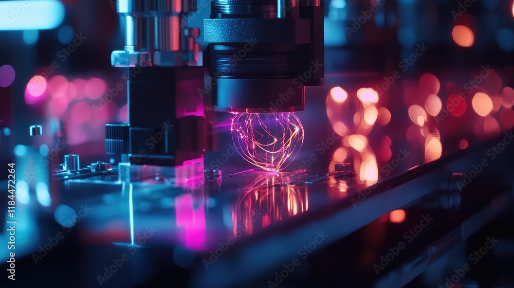 Poster visualization of a quantum photonic computing system, with photons moving through transparent optica