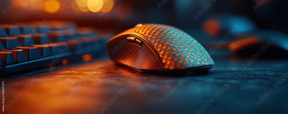 Poster close-up of a gaming mouse and keyboard on a dark surface with warm and cool lighting.