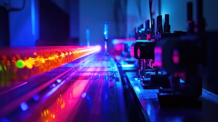 Fototapeta premium Visualization of a quantum photonic computing system, with photons moving through transparent optical fibers to process quantum information