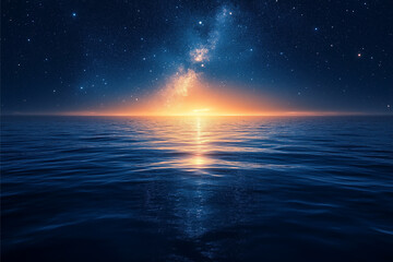 Celestial Sea: A breathtaking panorama of the night sky over a calm ocean, showcasing the Milky Way's ethereal glow reflected on the water's surface. The image evokes a sense of tranquility and awe.