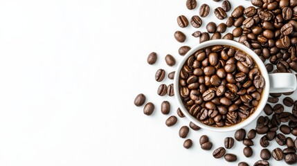 Naklejka premium White cup of coffee featuring coffee beans arranged on a clean, white isolated background. The white cup of coffee highlights the rich aroma of the coffee beans within the frame.