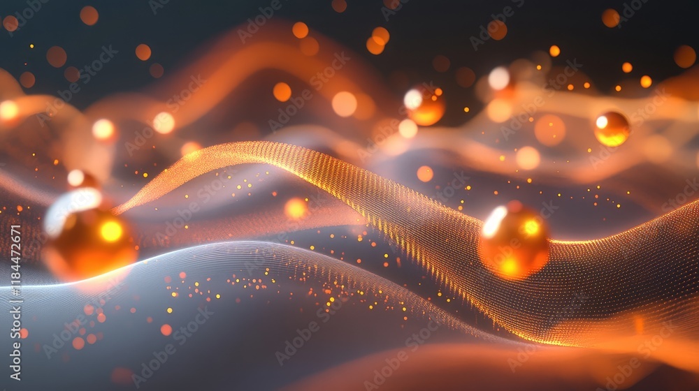 Poster visualization of ai and quantum mechanics fusion, with glowing orbs floating among dynamic, flowing 