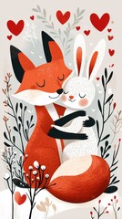 Fototapeta premium Loving Embrace of Woodland Creatures in Floral Scene