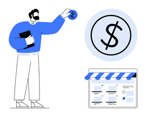 Businessman with beard places coin with dollar sign into virtual web storefront. Ideal for e-commerce, online banking, investment, digital economy, entrepreneurship, technology, and finance