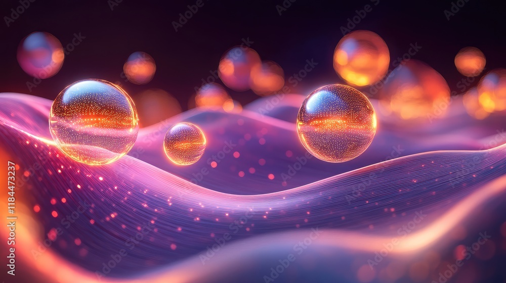 Poster visualization of ai and quantum mechanics fusion, with glowing orbs floating among dynamic, flowing 