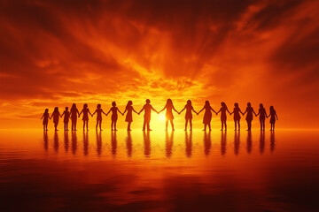 A group of diverse friends holding hands in a circle under a golden sunset, their faces glowing with smiles, symbolizing unity and joy in friendship