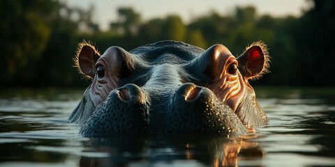 The eyes and ears of the hippopotamus can be seen emerging from the water, showcasing the unique features of the hippopotamus in its natural habitat near a serene lake.