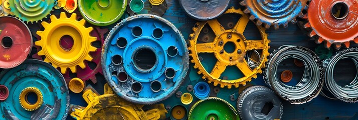 Collection of brightly colored gears and cogs arranged closely together. Represents mechanical processes, teamwork, and diverse interconnected components.

