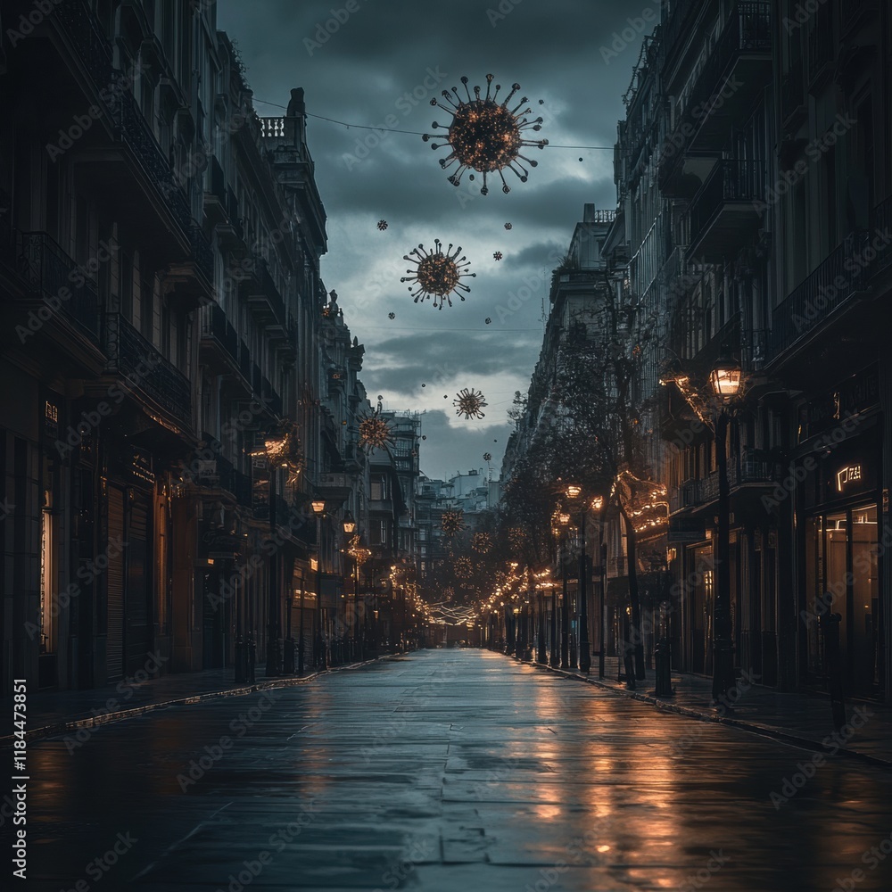 Aufkleber empty urban street featuring symbolic virus motifs under a cloudy twilight sky. generative ai