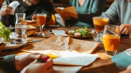 Friends Gathering Around Wooden Table Enjoying Drinks Food and Map Planning Adventure
