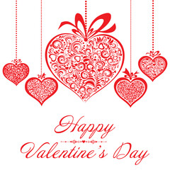 Happy Valentine's day Card. Celebration white background with red heart and place for your text. Design Template.  Horizontal banner. Winter Holidays. Love. Lettering. Vector illustration 