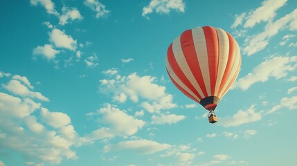 Naklejka premium Colorful hot air balloon floats in a clear blue sky during a sunny day