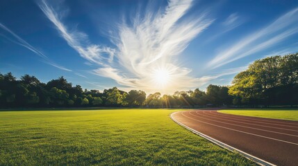 The sun shines brightly over a grassy area where a running track cuts through, surrounded by a blue sky dotted with white,