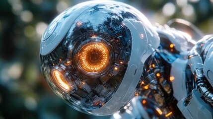 Close-up of a futuristic robot's transparent head with glowing orange inner mechanisms.