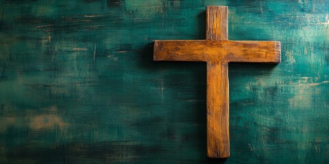 Wooden cross representing Christianity, featuring a sign of Jesus Christ against a backdrop of green and blackboard. This image beautifully symbolizes faith and spiritual connection within