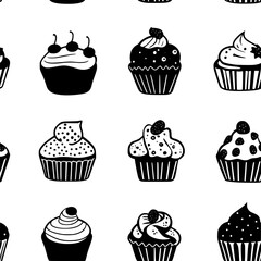 Collection of Muffins icons, Muffins vectorized seamless pattern