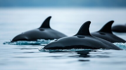 Fototapeta premium Pilot Whales swimming gracefully in their natural habitat, showcasing their social behavior and unique features, highlight the beauty of these magnificent Pilot Whales in the wild.