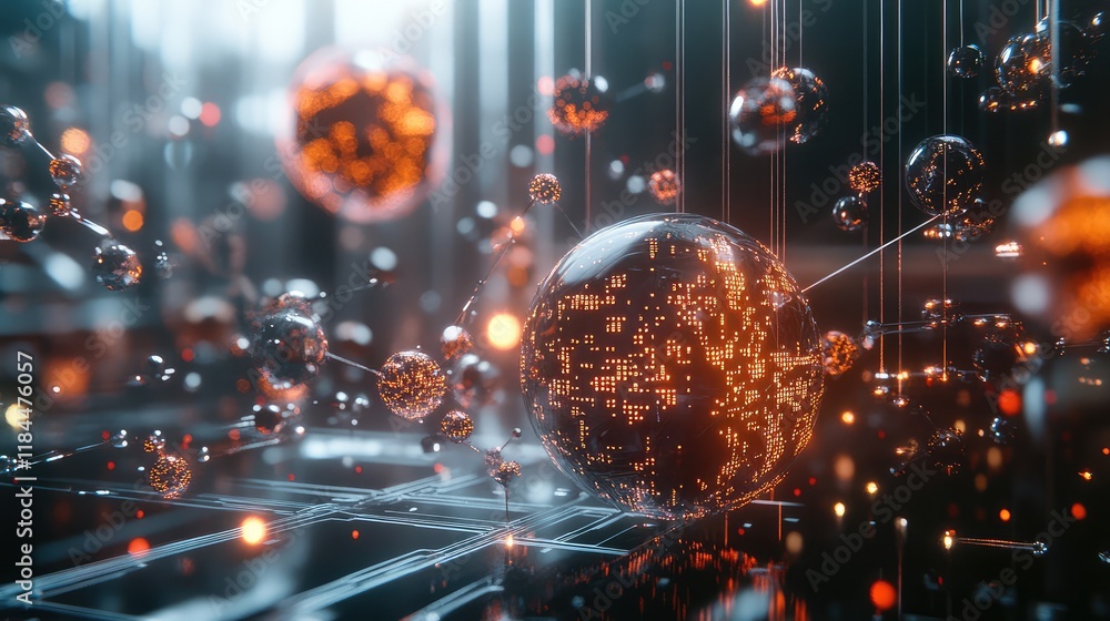 Poster visualization of quantum code running in a futuristic programming environment, with particles and qu