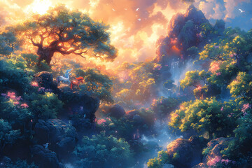 Fototapeta premium Magical Forest at Sunset with Glowing Trees and Animals