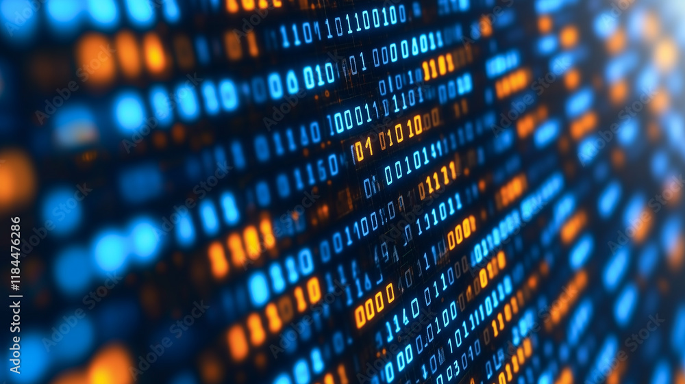 Poster digital matrix: a mesmerizing digital matrix of binary code, illuminated in vibrant blue and orange 