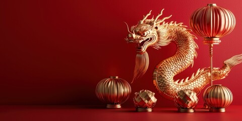 Fototapeta premium A traditional Chinese New Year scene with red lanterns and golden dragon decorations against a vibrant red backdrop.
