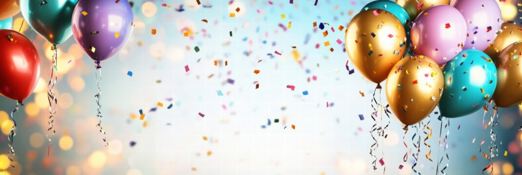 Colorful balloons and vibrant confetti create a lively backdrop for joyful celebrations and festive occasions during any event. Generative AI
