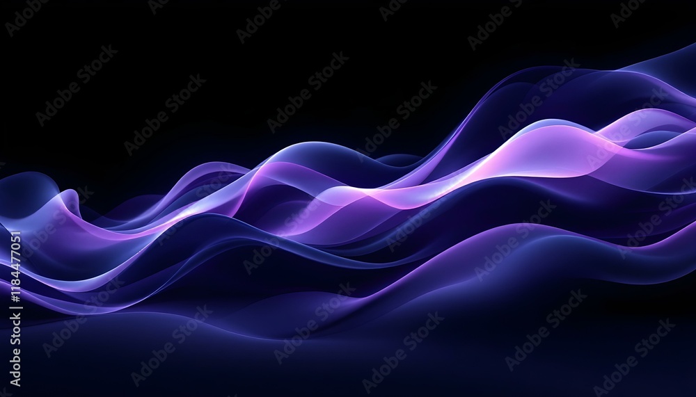 Poster a purple abstract background with wavy lines and curves in the center of the image and a black backg